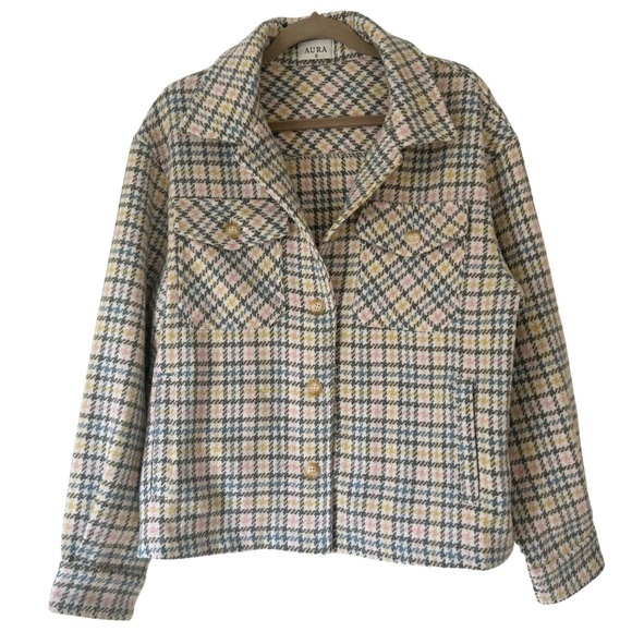 Aura Jackets & Blazers - Aura Jacket Plaid Tweed Collared White Gray Pink Button Women’s Small